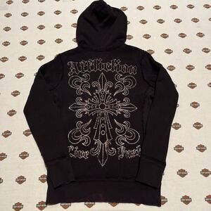 2000s Archaic Affliction Dark Purple & Obsidian Black Ribbed Knit Thermal Hoodie